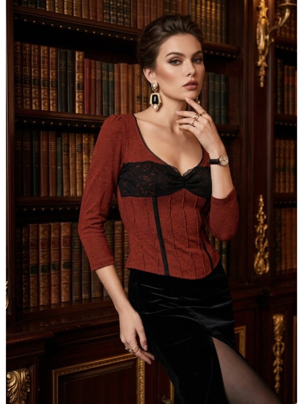 Betsey Johnson Rust Red Long Sleeve Top with Black Lace